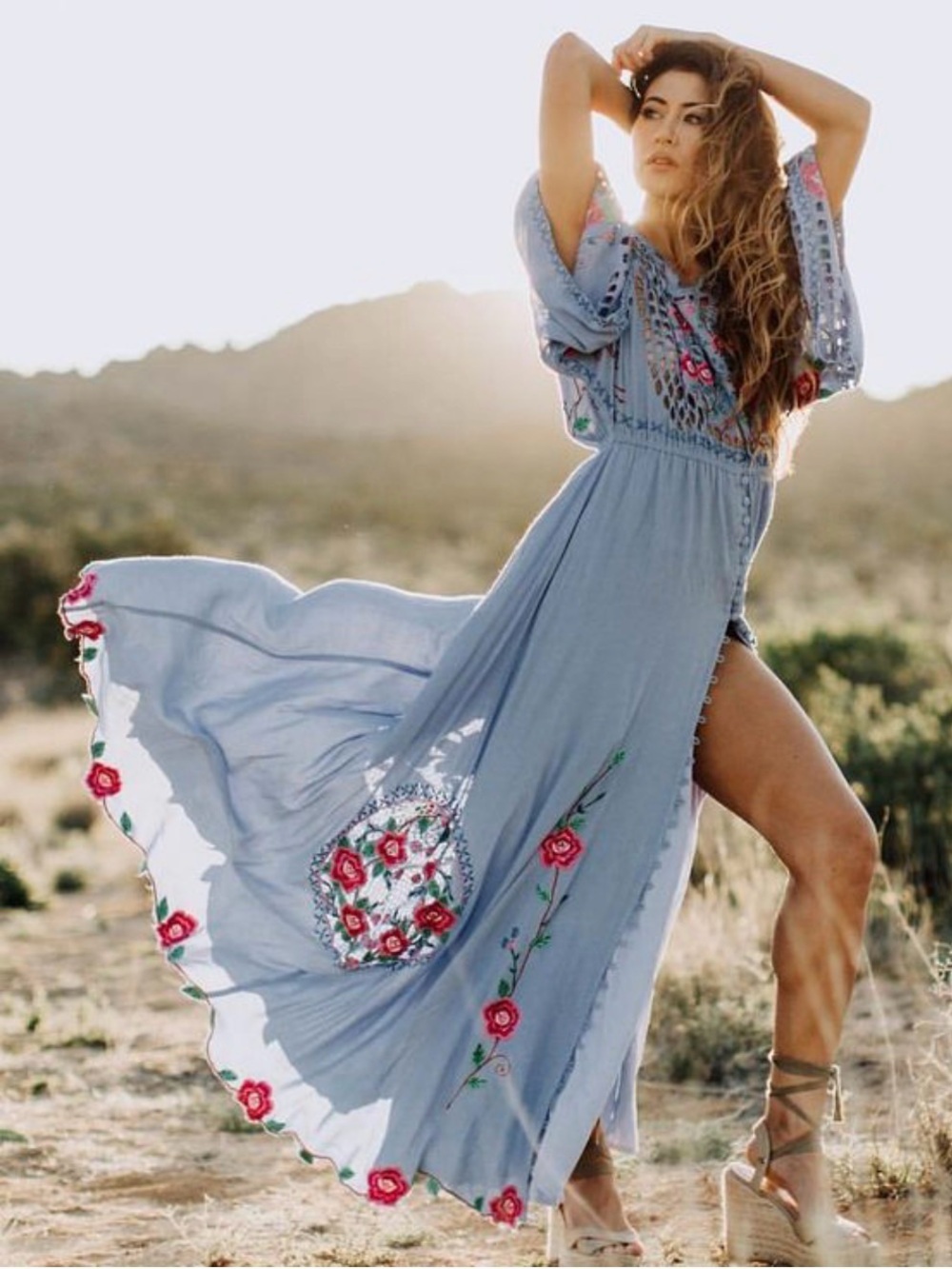 Fillyboo Embroidered Maxi Dress with Pink Floral Detail